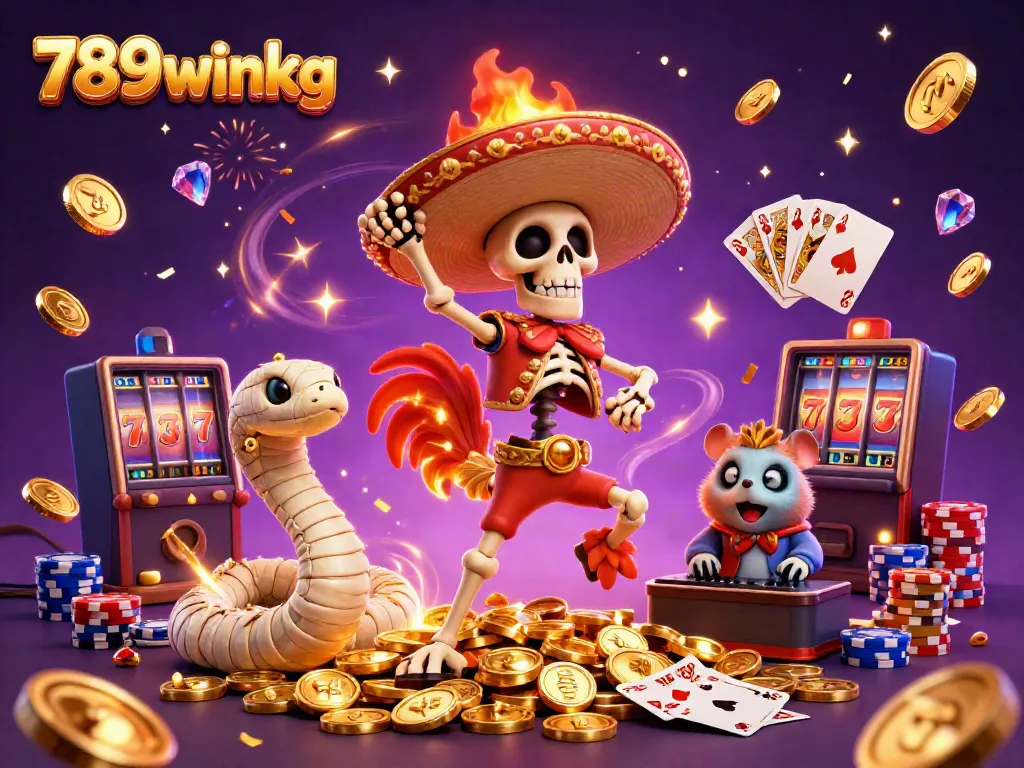 Explore the festive 789winkg casino scene with skeleton mariachi, mummy snake, and DJ hamster.