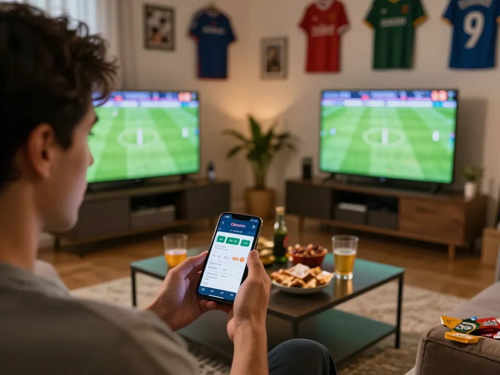 Betting on Okwintv while watching a live football match in a cozy living room