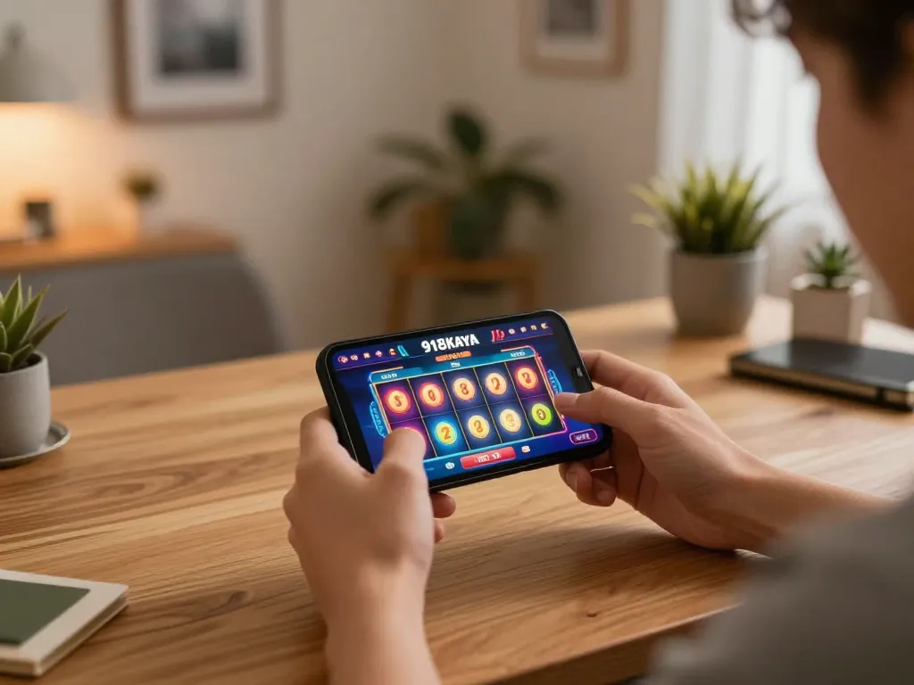Mobile play on a smartphone displaying 918kaya slot game in a cozy home setting