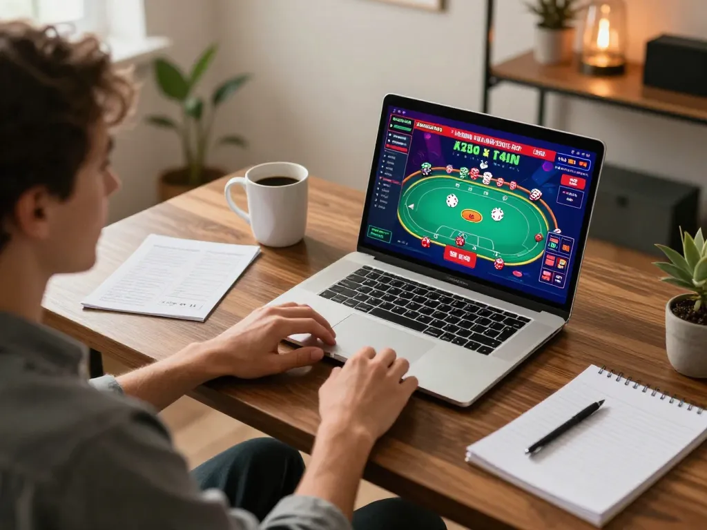 SC88 online gambling scene featuring a player engaging in poker gameplay on a laptop.
