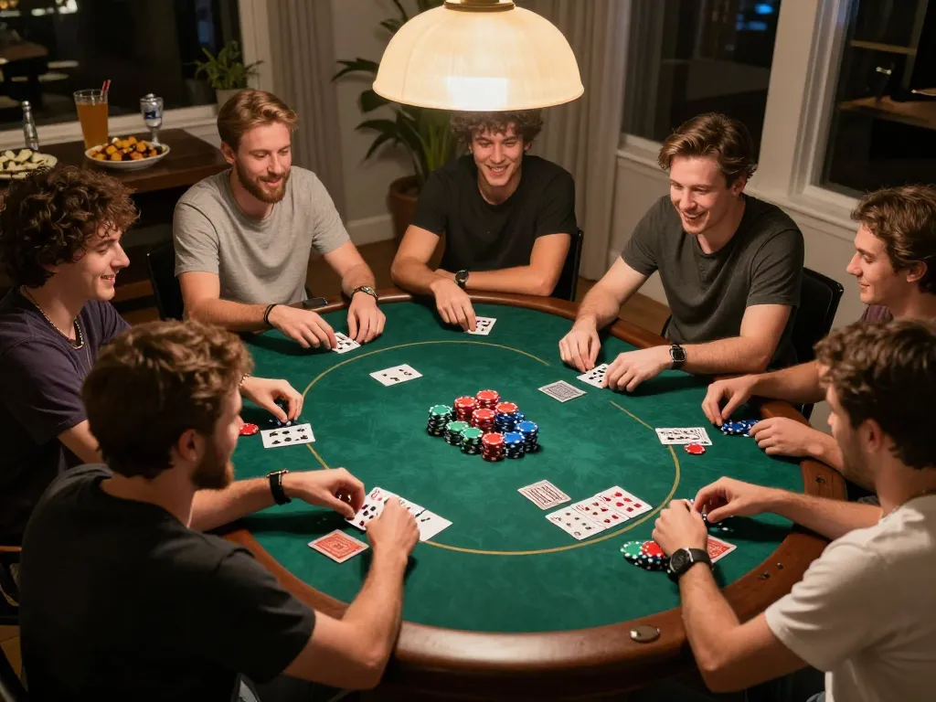Players enjoying a friendly home poker game while tải F168 enhances their gaming experience with strategic bets.