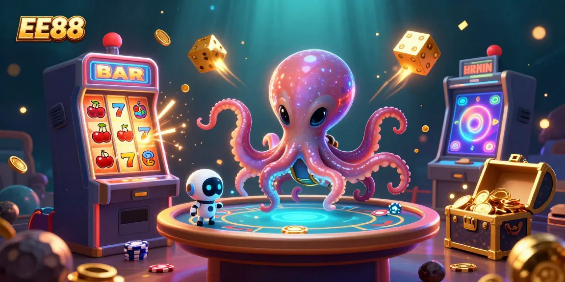 Experience the vibrant excitement of EE88 with a lively alien octopus and casino games.