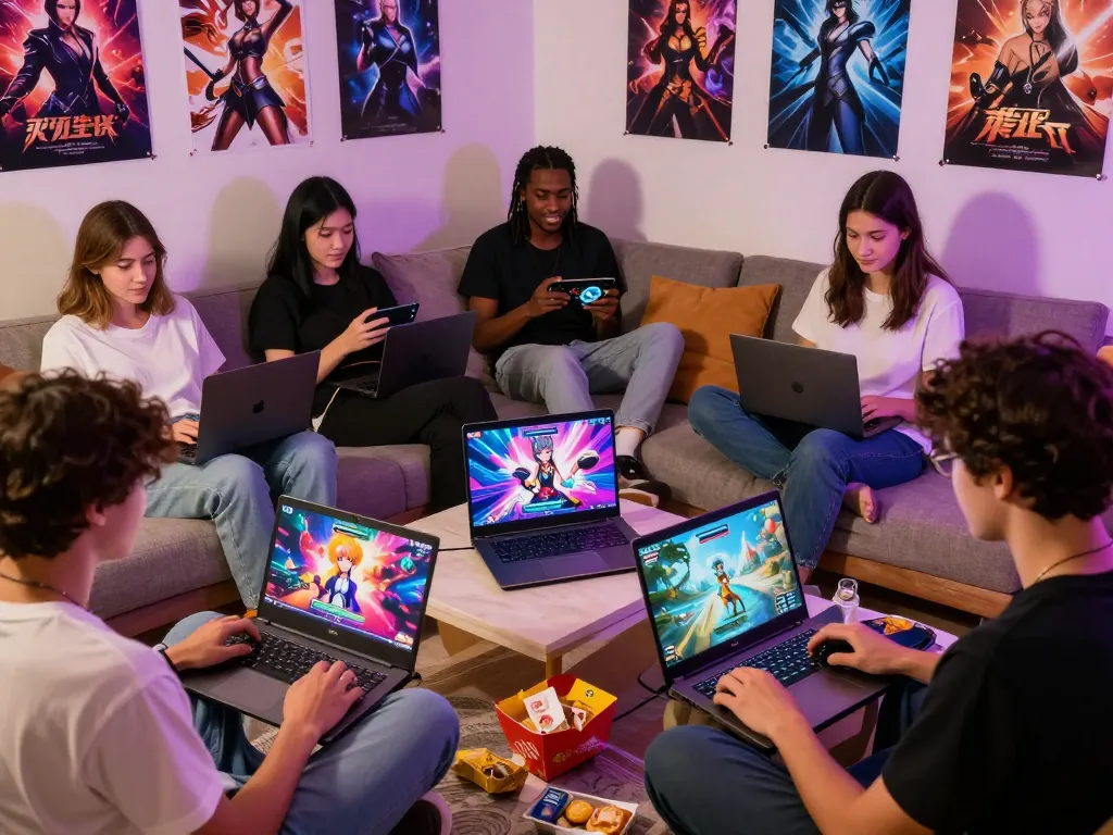 Group enjoying hentai games on laptops and tablets in a cozy living room.