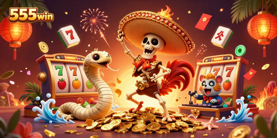 Celebrate winnings at 555win with an energetic 3D casino scene of characters dancing on coins.