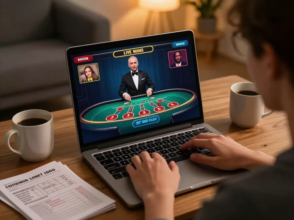 ONE88 player engaged in live blackjack action on laptop, experiencing interactive online gaming.