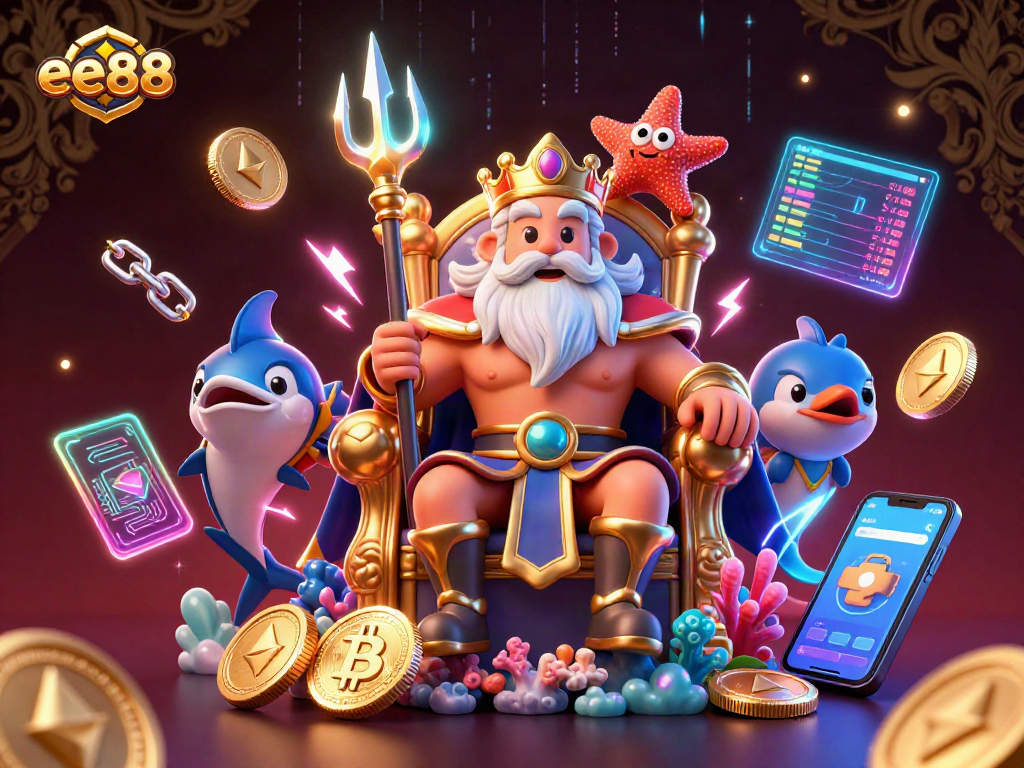 Engage with ee88 in this vibrant 3D casino scene featuring a sea king and crypto elements.