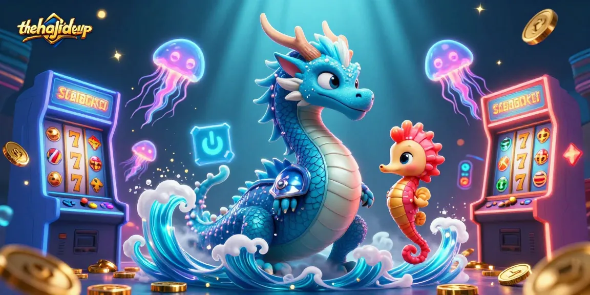 Thehajdugroup showcases an engaging underwater gaming scene, blending a majestic water dragon and slot machines under shimmering rays.
