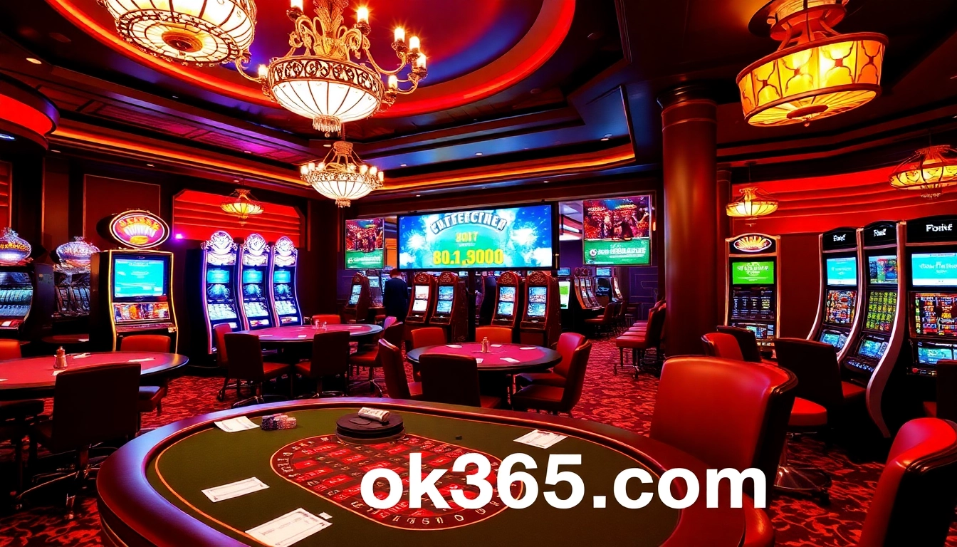 Experience the thrill of gambling at ok365.com with vibrant casino elements like poker chips and a roulette wheel.