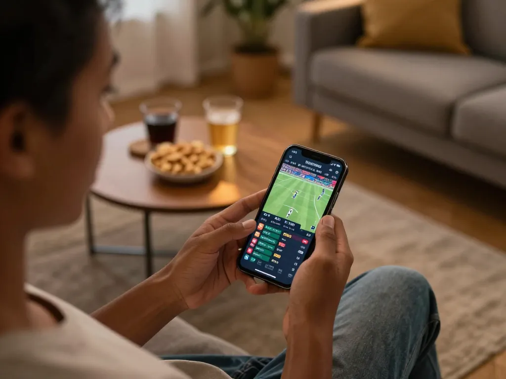 Xoilac user engaged in sports betting on smartphone in a cozy home setting, surrounded by snacks.