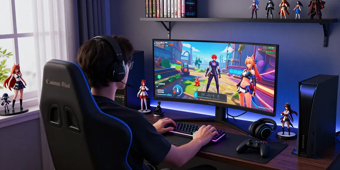 Immersive gaming setup showcasing a player engaged in real hentai games, animated visuals on screen, and anime collectibles.