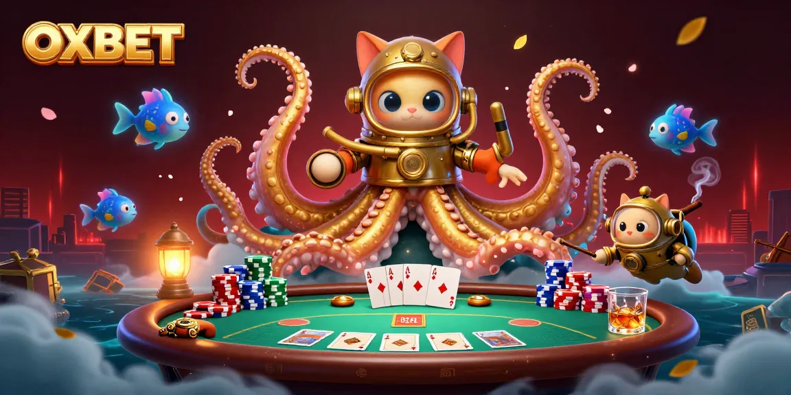 Engage in exciting gameplay at OXBET with a whimsical kraken and diving cat at the poker table.