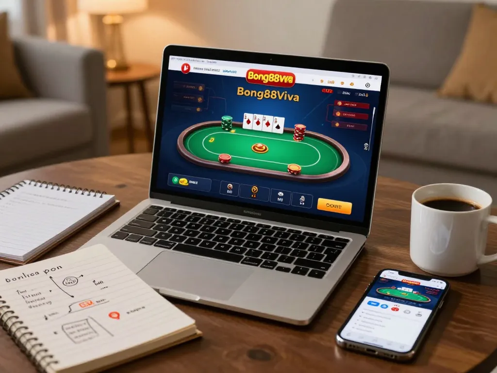 Bong88Viva gameplay setup in a cozy home environment, showcasing engaging online poker action on laptop.
