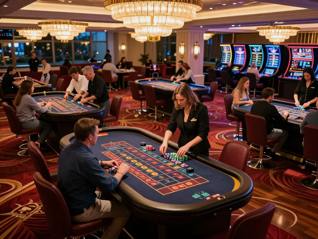 Players enjoying b52 games at roulette tables in a vibrant casino atmosphere during evening hours.