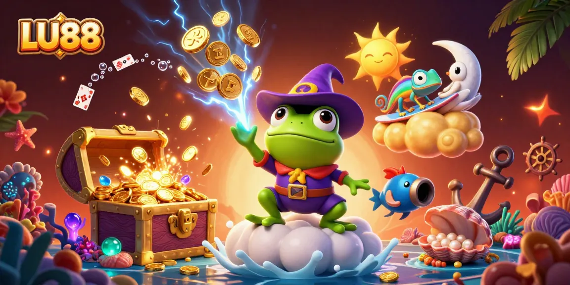 LU88 showcases thrilling casino excitement with cartoon characters and golden treasures.