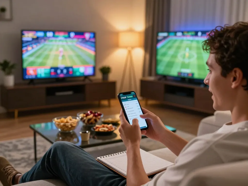 Betting on Jaya9 through a smartphone while enjoying a sports event in a cozy living room