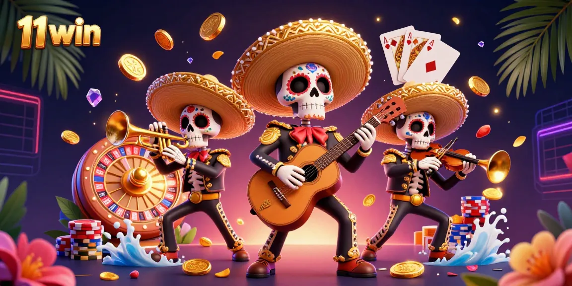 Engage with 11 win's vibrant casino scene featuring a lively mariachi band, roulette wheel, and flying treasures!