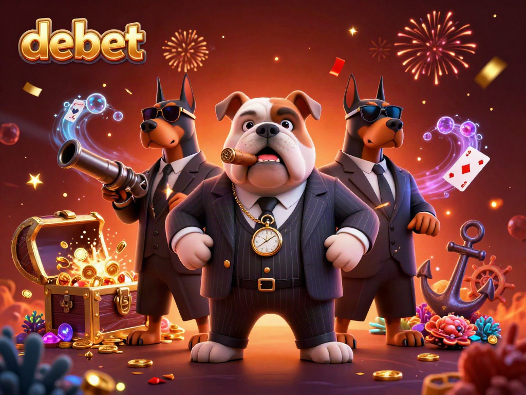Engage with the thrilling gambling action at Debet with a mafia boss bulldog overseeing a vibrant casino scene.