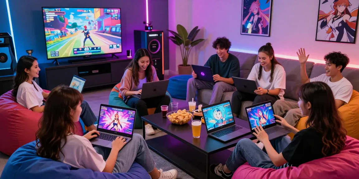 Friends enjoying free hentai games in a vibrant adult gaming lounge.