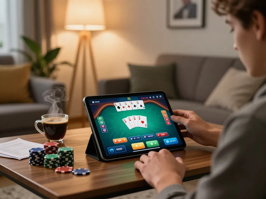 Engaged player enjoying top game bài đổi thưởng on tablet in cozy home setting with strategic notes.