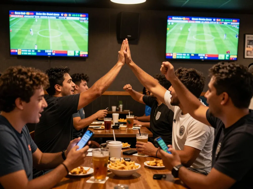 Bóng đá Bet168 scene with enthusiastic gamblers celebrating wins at a vibrant sports bar.