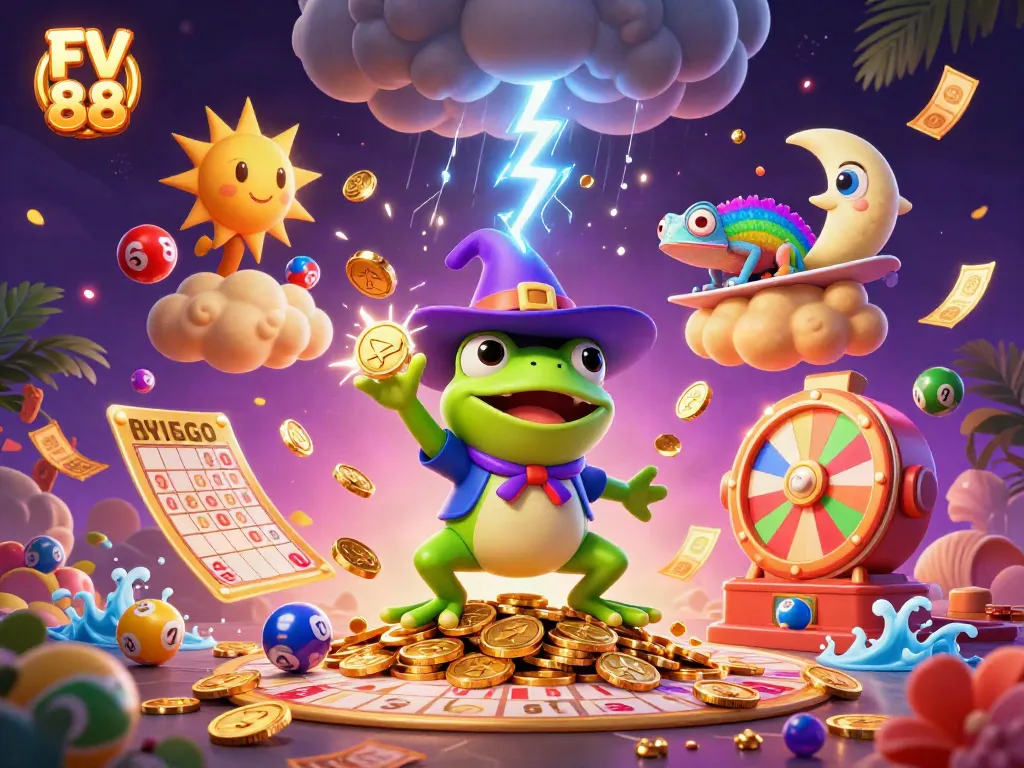Engage in thrilling gameplay at FV 88 with dynamic casino elements raining golden coins.