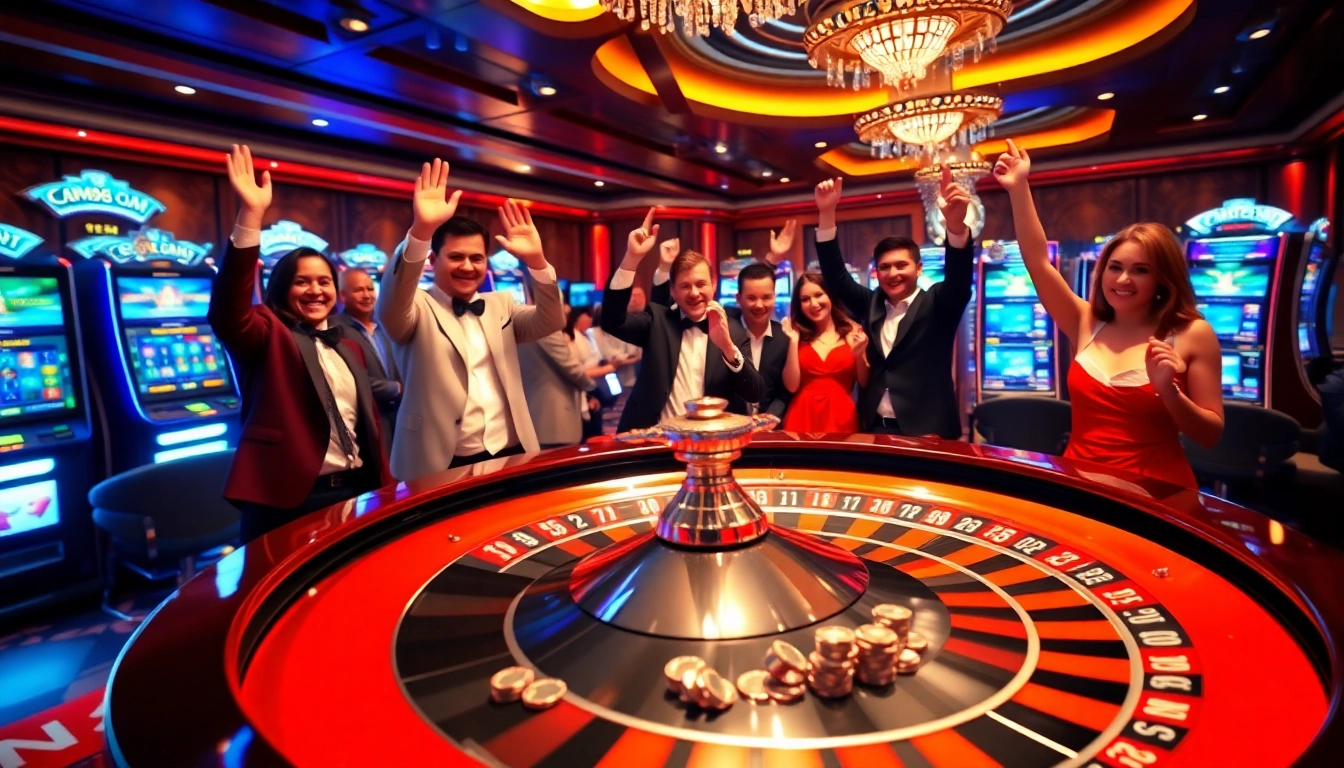 Excited players engaging at a CM88 COM roulette table with vibrant casino ambiance.