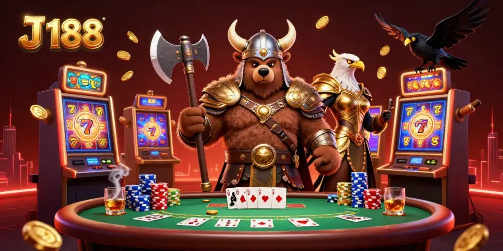 Experience the excitement of J 188 as Viking characters celebrate wins at slot machines in a lively casino.