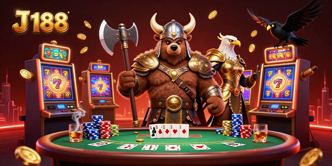 Experience the excitement of J 188 as Viking characters celebrate wins at slot machines in a lively casino.