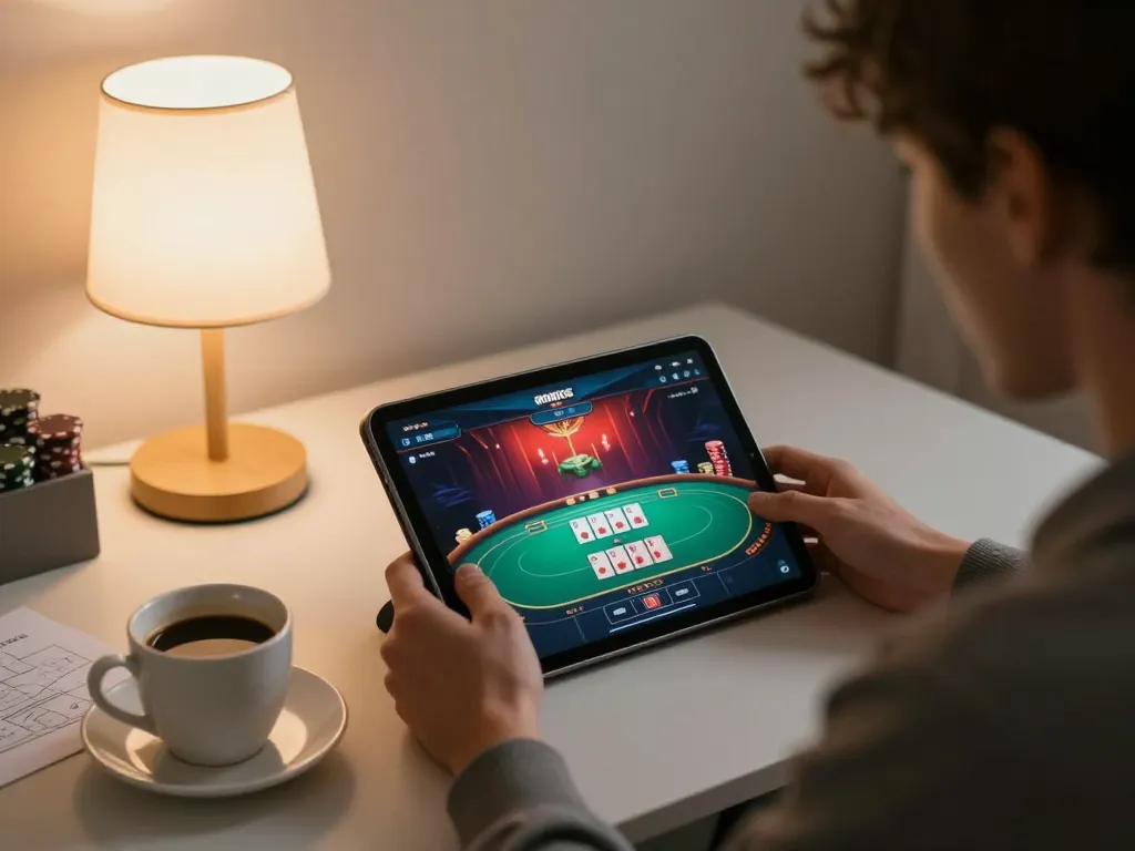MM88 player engaging in intense poker strategy on tablet in modern home setup