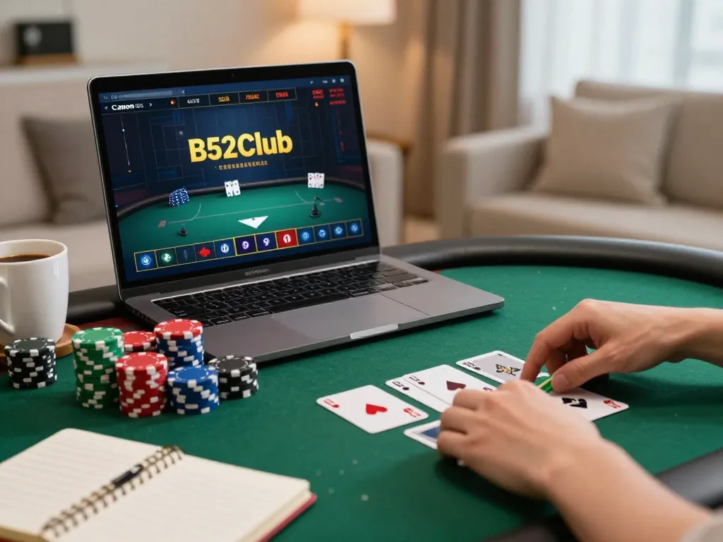 B52club online poker gameplay showcasing vibrant chips and cards with warm home ambiance