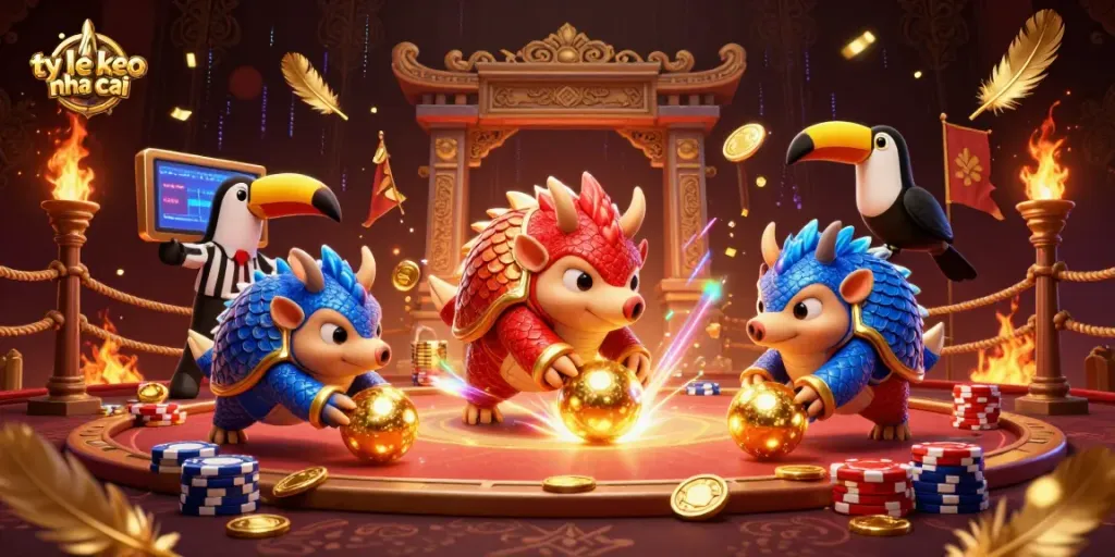 Bet on ty le keo nha cai with rival pangolins competing in a dynamic casino scene with poker chips.
