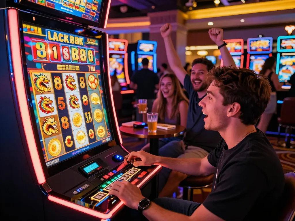 Engaged player at the Lucky 88 slot machine in a lively casino.