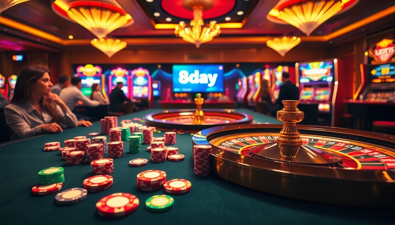 Players experiencing the dynamic fun of casino gaming at 8day, surrounded by vibrant tables and slots.