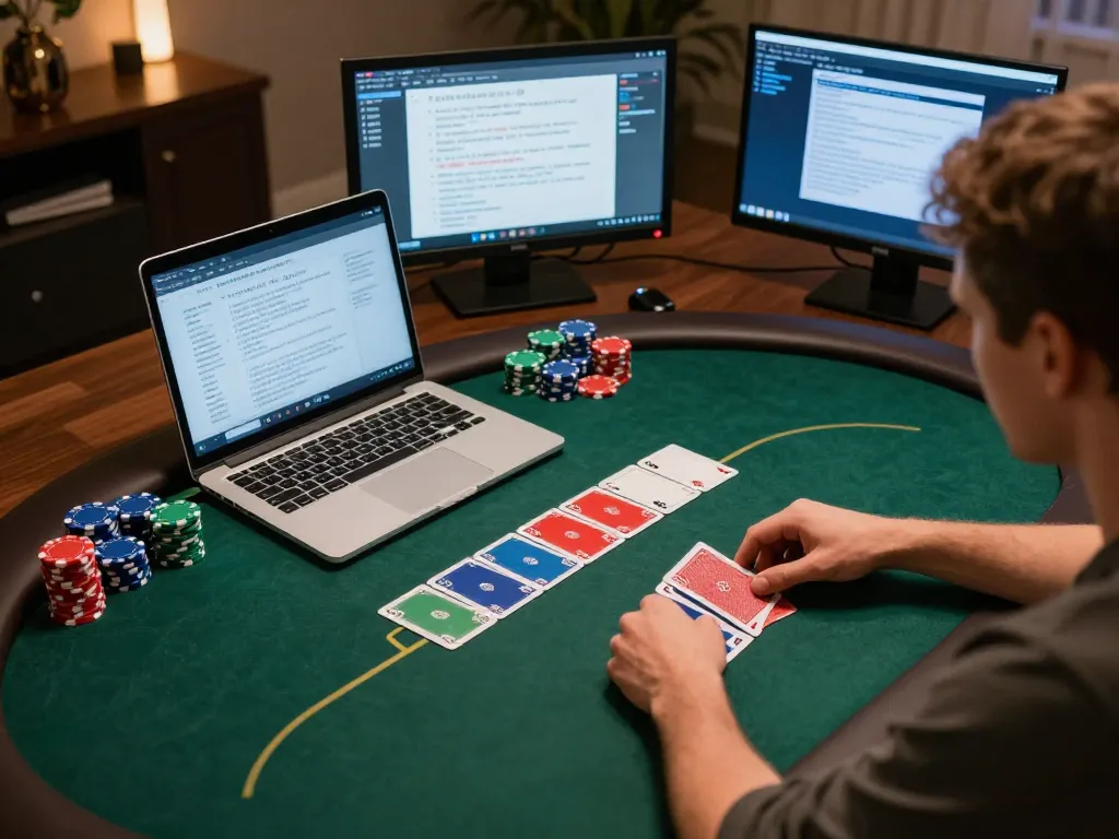 A player at nhà cái llwin focuses intently on a poker game, with colorful chips and cards creating an engaging atmosphere.