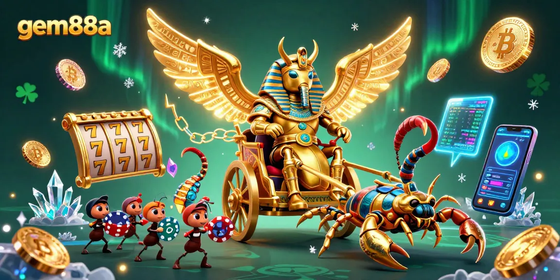 Experience the excitement of gem88a with a dynamic casino-themed 3D illustration featuring a golden scarab and crypto elements.