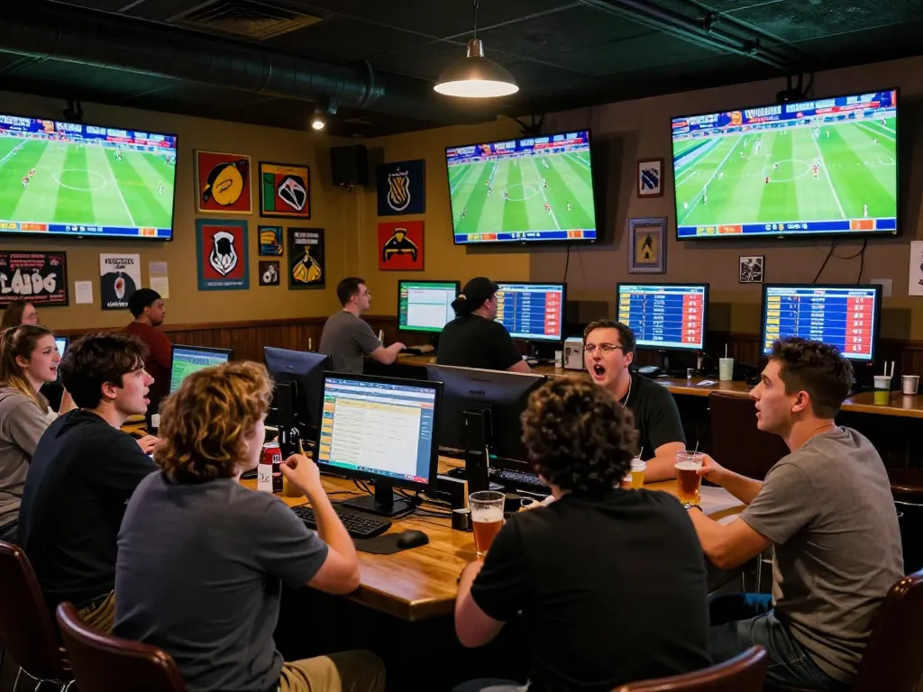 Socolive sports fans placing bets while watching live football matches at an exciting sports bar