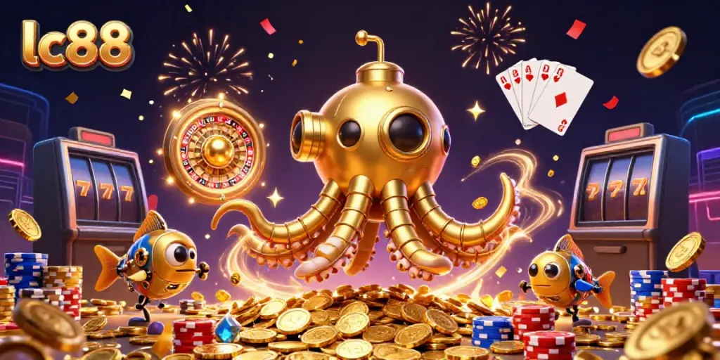 Experience thrilling wins with lc88's immersive gaming universe surrounded by vibrant coins and action.