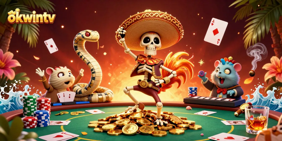 Okwintv brings vibrant casino excitement with a 3D scene featuring a mariachi rooster and poker elements.
