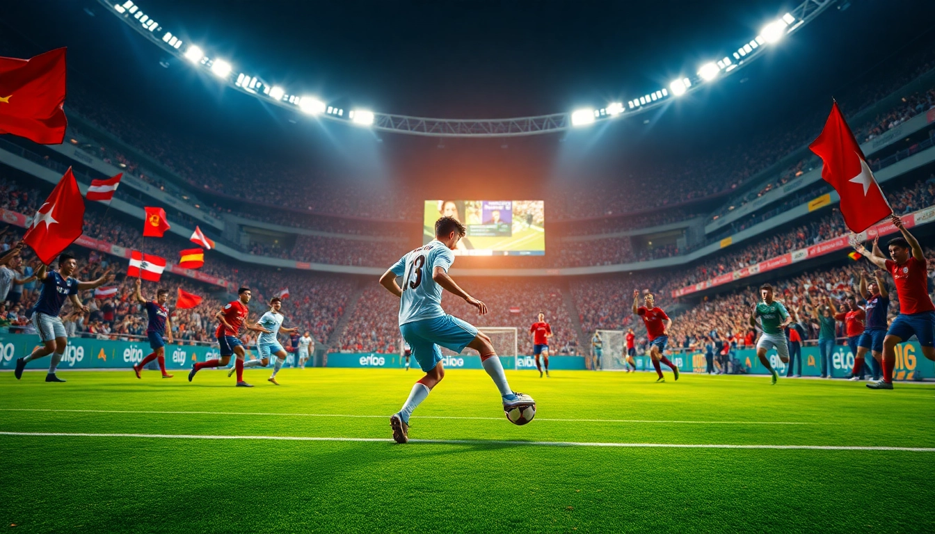 Giao hữu Quốc tế 2026 trực tiếp tỉ số, kết quả showcased in an action-packed soccer stadium with fans and players.