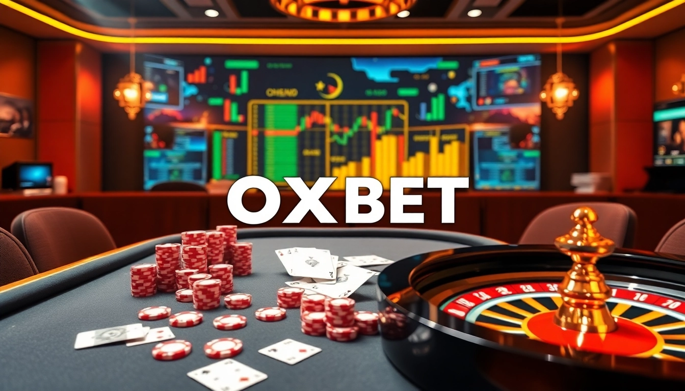 Experience the excitement of OXBET with vibrant poker tables and luxurious gaming elements.