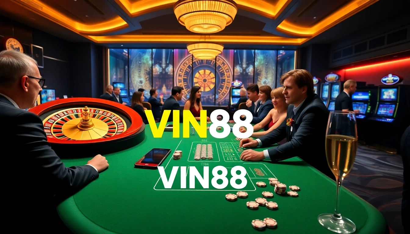 Vibrant casino scene illustrating players at VIN88 tables with roulette wheel and slot machines.