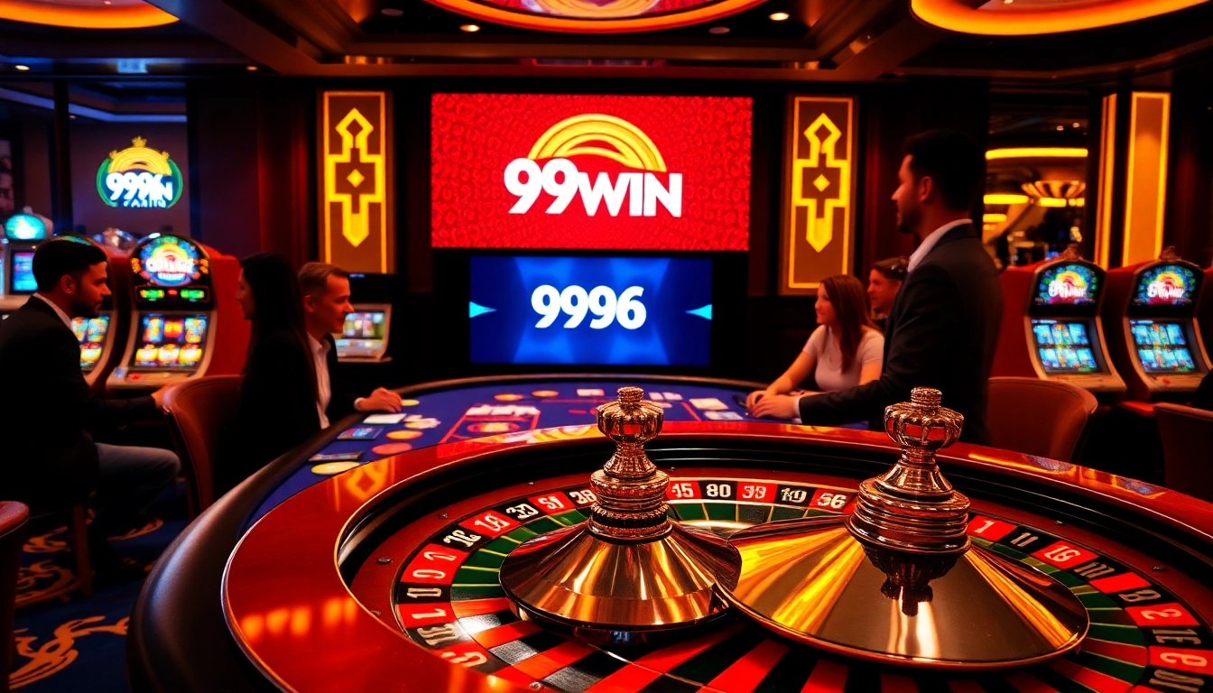 Engaged gamblers enjoying high-stakes games at 99WIN casino with vibrant neon lights.