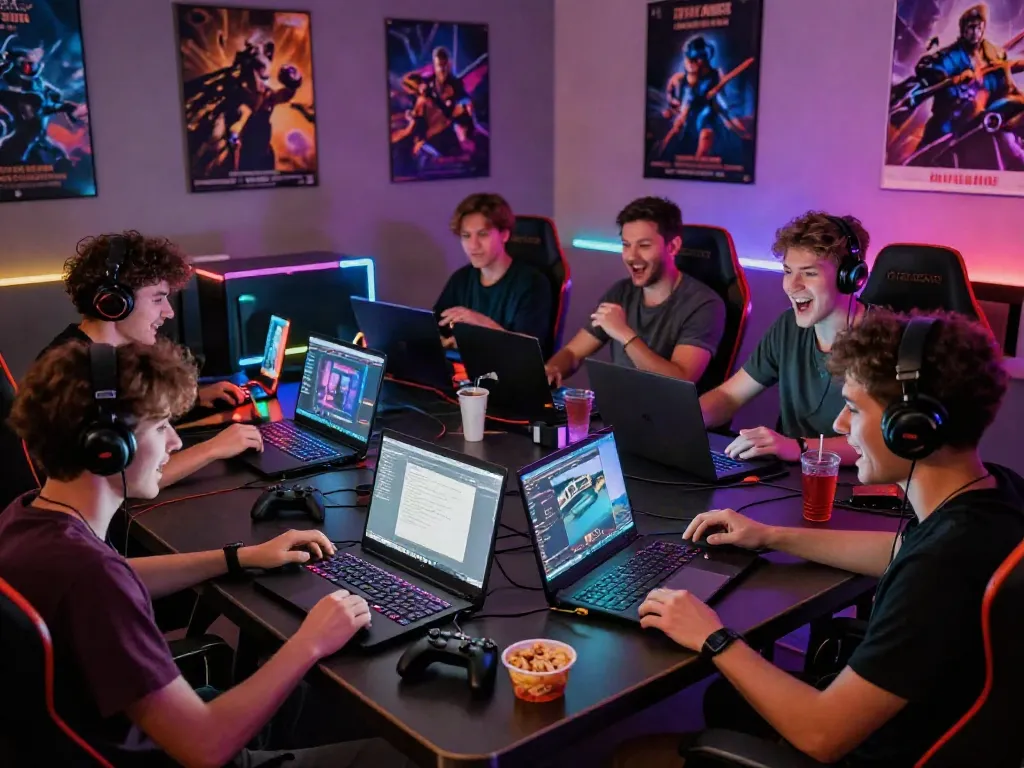 Engaged players logging in to 78win with excitement, gaming laptops, LED lights enhancing atmosphere.