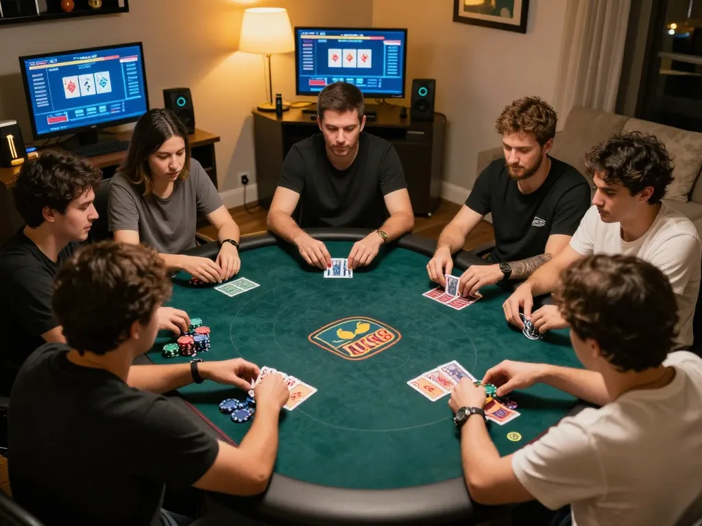 Players strategizing in an exciting online poker game at LUCK8, showcasing engaging card play and home setting.