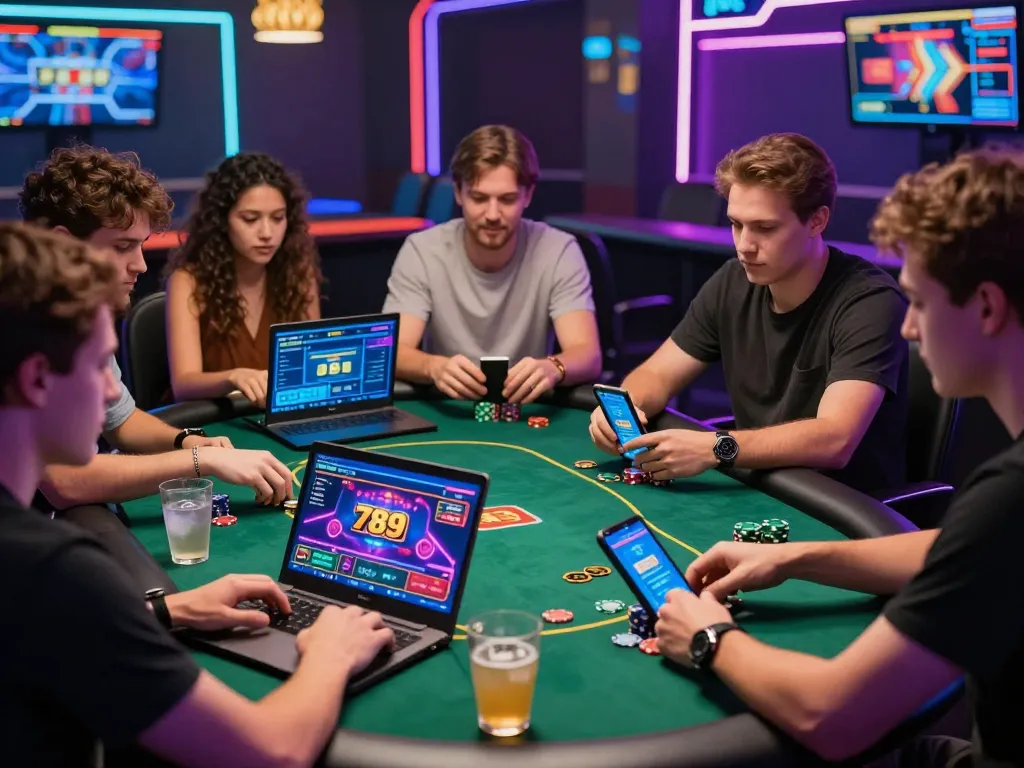 Engaged friends playing poker on 789club in a vibrant online casino setting.