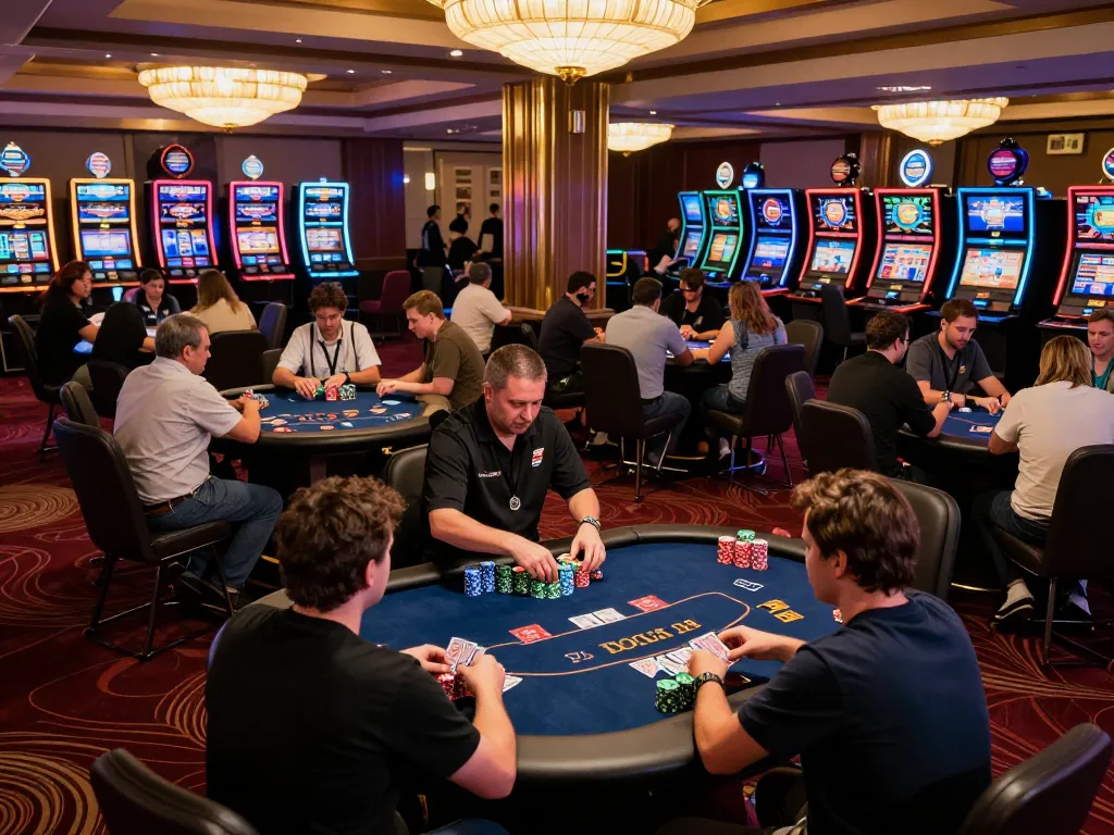 Players enjoying poker games at OKFUN casino floor, dynamic atmosphere with colorful chips and professional dealers.