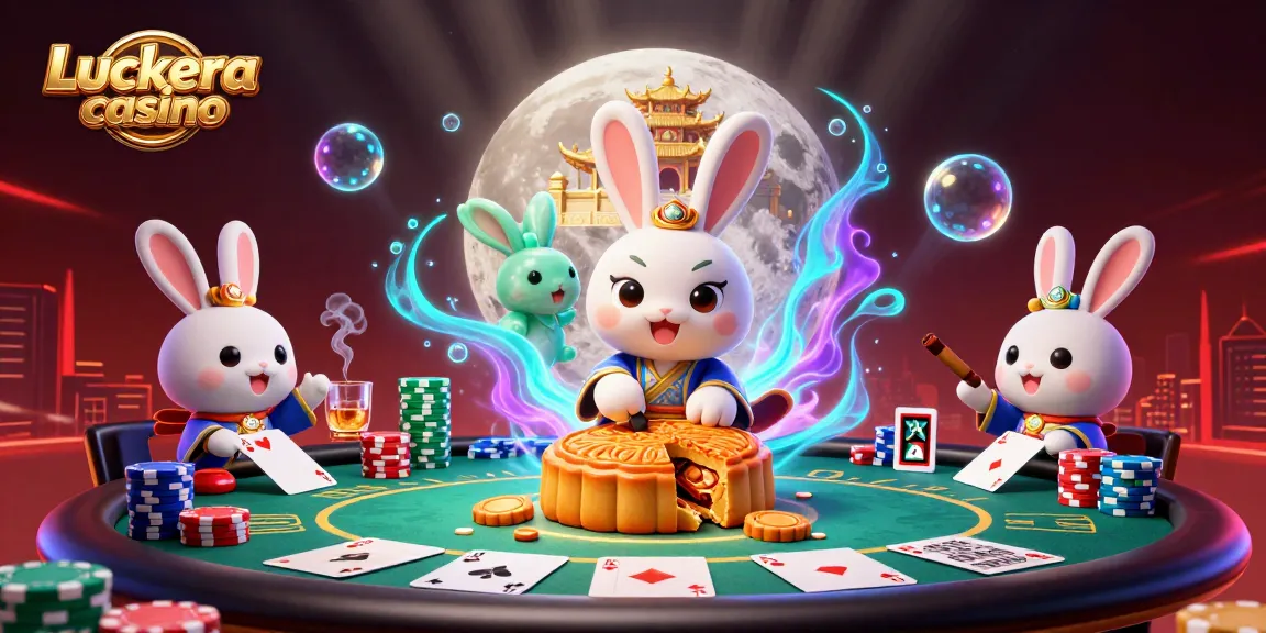 Experience thrill and luck at Luckera casino with 3D moon rabbit and poker chips.