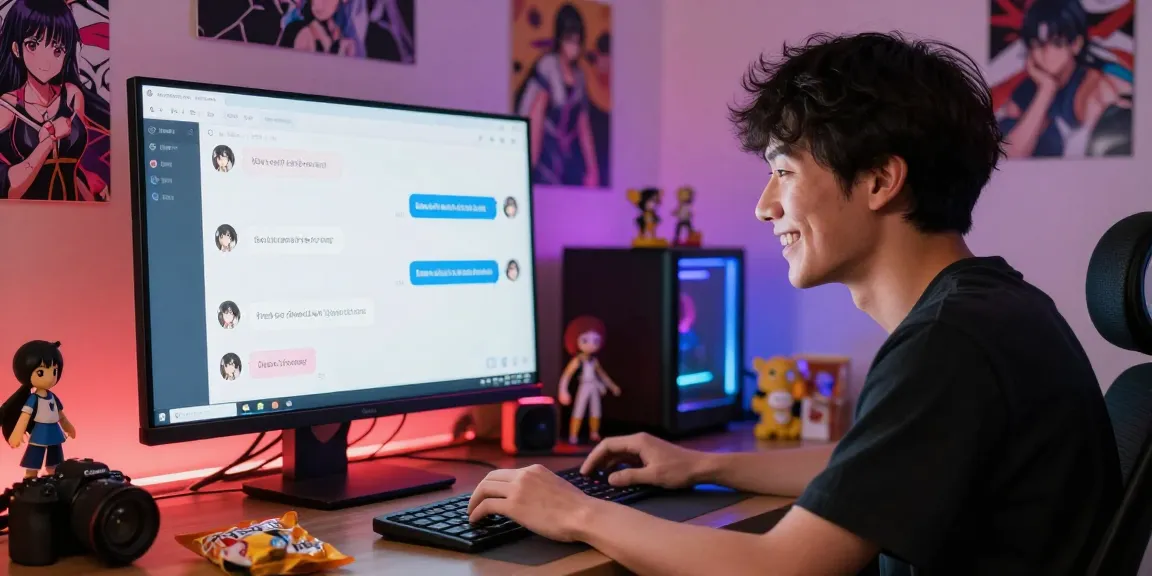 Engaging AI ecchi chat scene with user interacting on device in cozy anime-themed room.