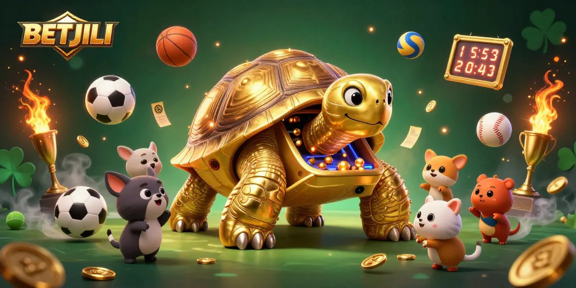 Experience the excitement of betting at BETJILI with a vibrant casino scene featuring a golden tortoise and sports elements.