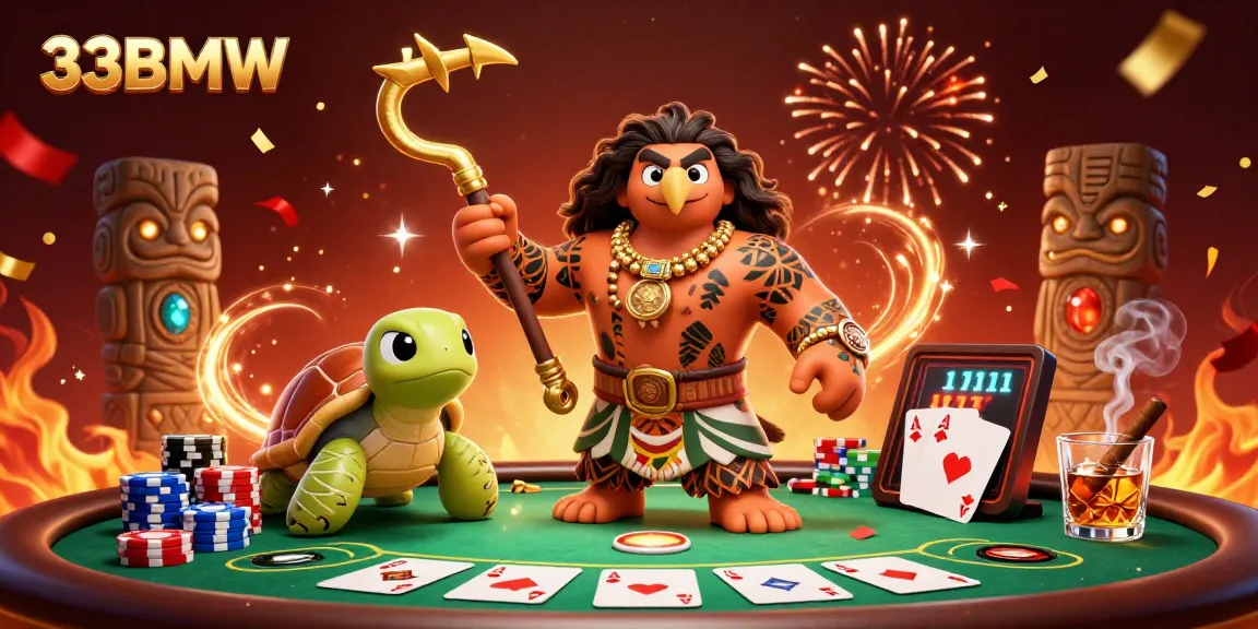 Experience thrilling gaming action with 33BMW, featuring a demigod and poker elements in a vibrant 3D scene.